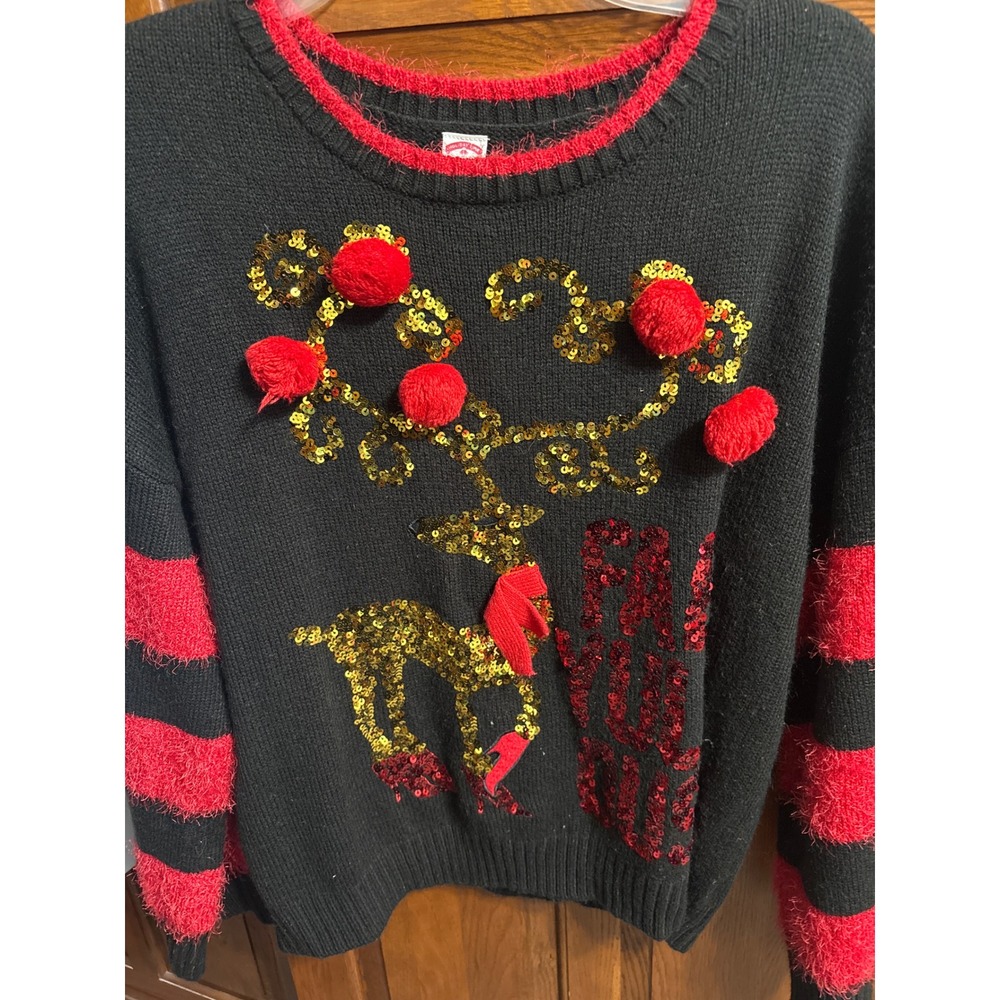 Holiday Time Reindeer Sequin Ugly Christmas Sweater Black Red XL 16-18